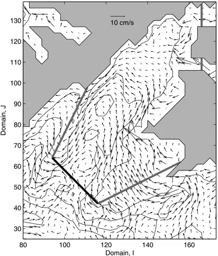 Fig. 6. Mean surface circulation in Storfjorden. Isobaths are drawn at 50 m intervals