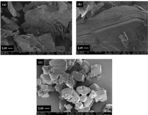 Figura 3.23: Micrografias de MEV de cargas inorgânicas: (a) caulim, (b) talco, e  (c) borato de zinco