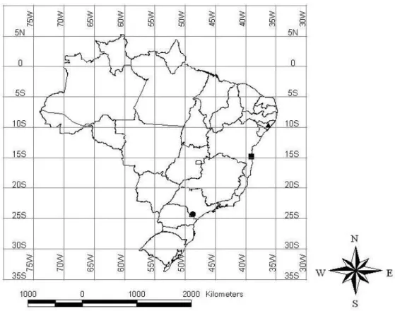 Figure 2.  Map of the distribution of Macrogenioglottus alipioi. The square indicates where the species was first  registered (type locality), the triangle indicates the new record in the State of Alagoas, the northernmost record,  and the circle represent