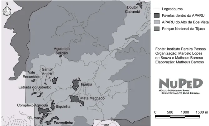 Figura 3 - Uma visão mais detalhada da parte da “zona de amortecimento” do Parque Nacional da Tijuca em que se  concentram as favelas da APARU do Alto da Boa Vista nos permite identificá-las e nomeá-las, e também aquilatar 