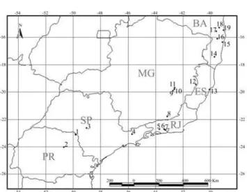 Figure 4. Map showing records for Dendropsophus  anceps: 1-Permanent preservation area of UHE  Ourinhos (Jacarezinho) 2-Telêmaco Borba,  3-Borebi, 4-Caçapava, 5-Seropédica, 6-Belford Roxo, 