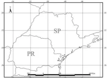 Figure 11. Map showing records for Scinax  littoralis: 1-Estação Ecológica Juréia-Itatins;  2-Guaraqueçaba 3-Morretes