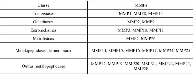 Tabela 5 : Classes de metalopeptidases da matriz (Adaptado de Laronha et al., 2020). 