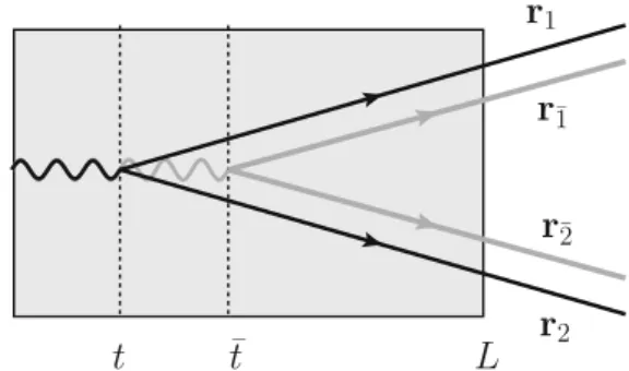 Fig. 2 The “in-in” contribution to the spectrum. Amplitude (black lines) and complex conjugate of the amplitude (grey lines) are  plot-ted on top of each other to clearly show the different contributions:
