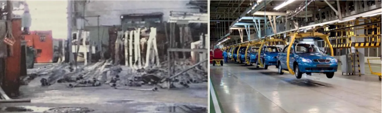 Fig. 15. Diesel plant. Dilapidated state of the workshop in 1992 and one of the car workshop today 