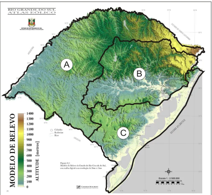 Figura 1 – Localização das Regiões Hidrográficas no território do Rio Grande do Sul,                                           hipsometria e divisão das sub-bacias hidrográficas.