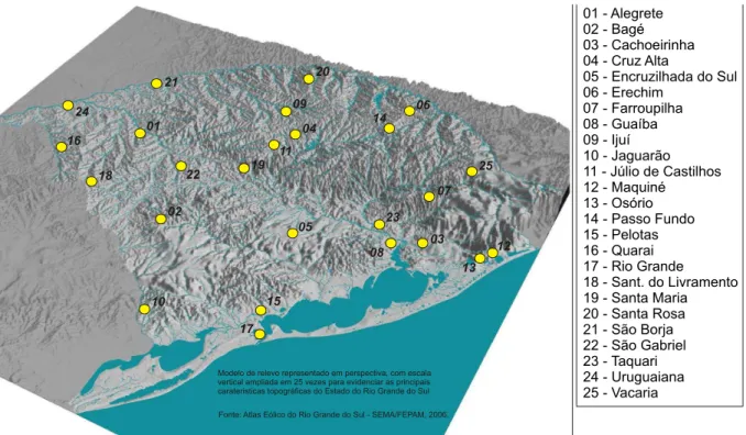 Figura 2 – Localização das Estações Meteorológicas utilizadas (Rede FEPAGRO),                                                   ressaltando as características topográficas e as Regiões Hidrográficas do Rio Grande do Sul.