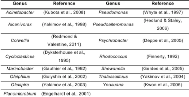 Table 3 - Examples of genera known to have the capacity to degrade hydrocarbon. 