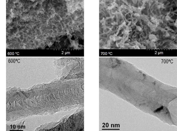 Figure 1. SEM (above) and HRTEM (below) images of carbon nanofibers obtained at 600ºC and 700ºC.