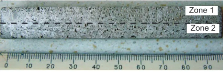 Fig. 3: Type of porous high pure aluminum sample with  oxide films  (Zone 1: zone of directional crystallization, part  in contact with a chiller; Zone 2: area of oxide films)