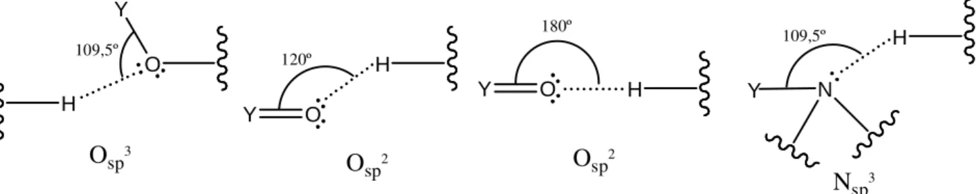 FIGURA 3: Interações por ligação de hidrogênio (em pontilhado) e seus respectivos ângulos HÂY  ideais, medidos conforme a hibridação dos átomos aceptores O e N