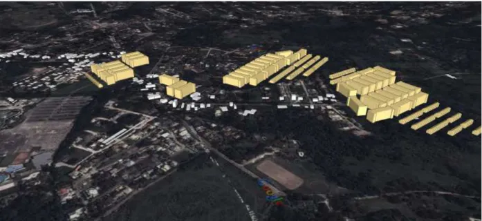 Figura 6 - Simulação de trecho na Estrada do Sacarrão. Em amarelo, novas construções baseadas nos parâmetros da  LC 104/09; em branco, as edificações existentes
