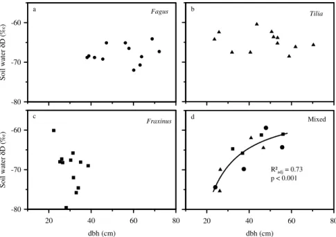 Fig. 6. Soil water δD of the main water uptake depth per tree in relation to diameter at breast height (dbh) on single and mixed species tree clusters.
