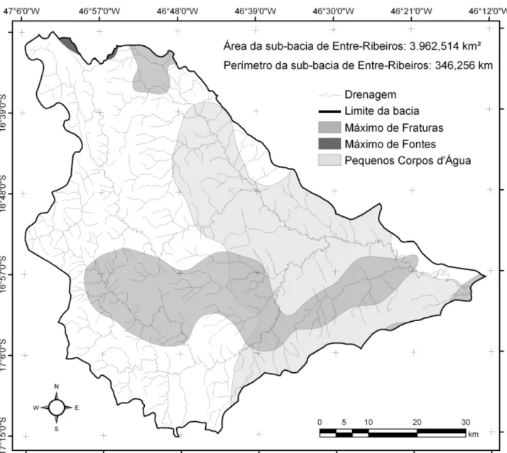 Fig. 4. Mapa das relações de superposição espacial entre os máximos de densidades de estruturas rúpteis, de nascentes e áreas de contorno das vários tipos de corpos d’água, intermitentes ou não