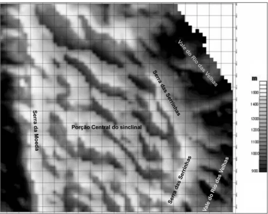 Figura 1.3: Projeção plana do modelo digital do terreno. As elevações variam aproximadamente de  1.500 (tonalidades claras) a 900 m (tonalidades mais escuras)