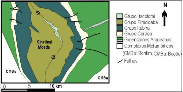 Fig. 2.4: Mapa geológico do Sinclinal Moeda, simplificado a partir de Dorr, 1969. 