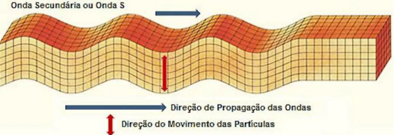 Figura 8 - Deformação produzida no terreno pela propagação de onda Secundárias (S). (Adaptado de Andrade 2012)
