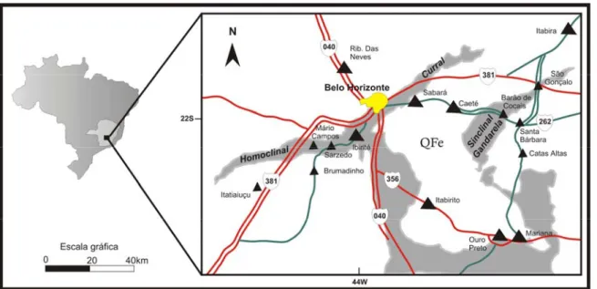 Figura 1.1: Mapa de localização e vias de acesso das regiões investigadas, o sinclinal Gandarela e o homoclinal  Curral do Quadrilátero Ferrífero, MG