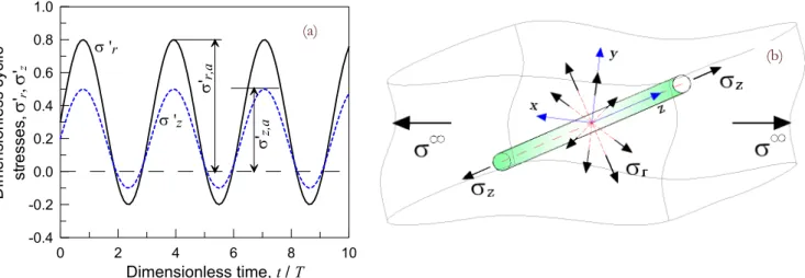 Figure 2: (a) Radial and axial cyclic dimensionless stresses vs time: definition of the effective stress amplitudes