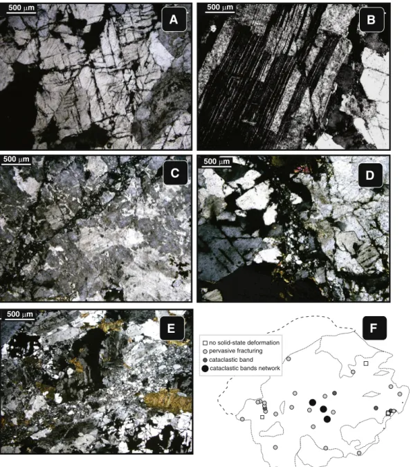 Fig. 4. Photomicrographs of microstructures in the porphyritic granite. (A) Pervasive fractured texture; (B) microfault in plagioclase crystal displacing polysynthetic twinning.