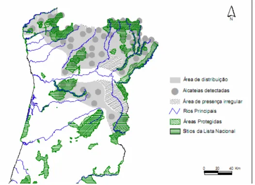 Figura  1  –  Sobreposição  da  área  de  distribuição  do  lobo  e  alcateias  detectadas  com  Áreas  Classificadas  (Áreas Protegidas e Sítios da lista Nacional) in Censo Nacional do Lobo 2002/2003 - ICN 