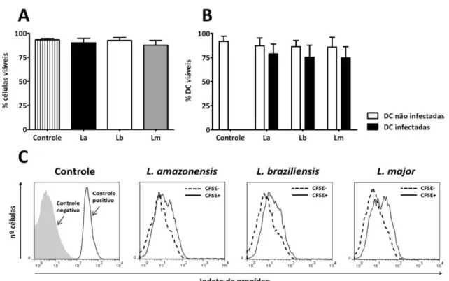 Figura  7.  Viabilidade  de  células  dendríticas  infectadas  com  Leishmania.  Células  dendríticas  foram  infectadas  conforme descrito na figura 6