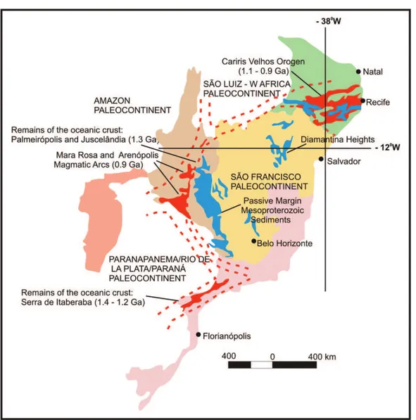 Figure 10 – Paleogeographic reconstitution of the Ectasian – Estenian Ocean and their records during its expansion phase: remains of the oceanic crust, passive margins; compression phase: magmatic arches (Delgado et al., 2003).