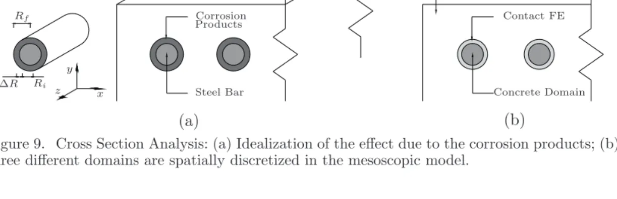 Figure 9. Cross Section Analysis: (a) Idealization of the effect due to the corrosion products; (b) three different domains are spatially discretized in the mesoscopic model.