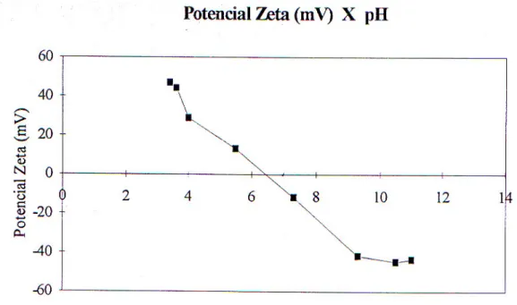 Figura 4.8 - Potencial zeta da hematita como função do pH na presença de 10 -3 moles/litro de NaCl (Vieira, 1994) 