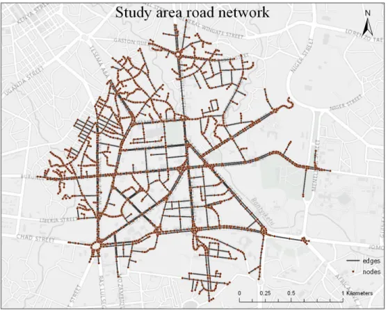 Figure 3.2. The drivable street network for Addis Abeba, created by passing location query of “9.017043,  38.752561” with 3 km radius into OSMnx 