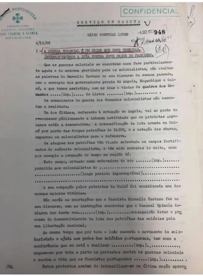 Figura nº 6 - Escutas realizadas à Rádio Portugal Livre, 4 de dezembro de 1968  Fonte: Arquivo do Ministério da Defesa 