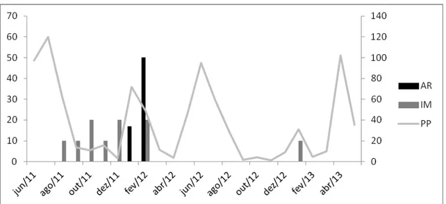 Figura 6. Frequência mensal (% de indivíduos) em atividade reprodutiva e de  imaturos em espécies de beija-flores capturados na Serra do Pará, Santa Cruz do  Capibaribe, Pernambuco, Brasil