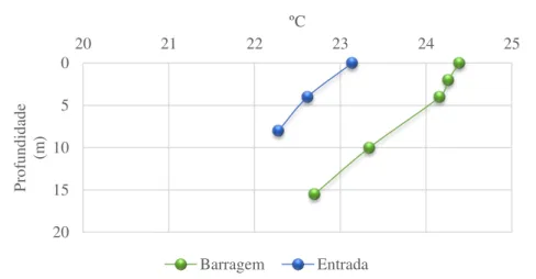 Figura 8: Temperatura da água nos pontos da Barragem e da Entrada ao longo da coluna d'água da  represa de Itupararanga em coleta realizada no dia 16/04/2012