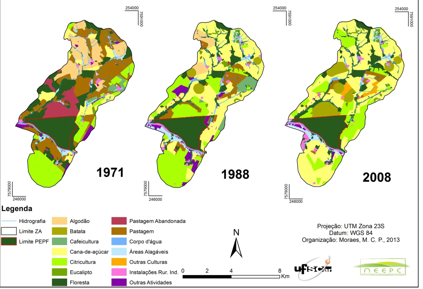 Figura 6. Série histórica do uso e ocupação da terra na Zona de Amortecimento do Parque Estadual de Porto Ferreira, durante os anos de 1971, 1988 e 2008