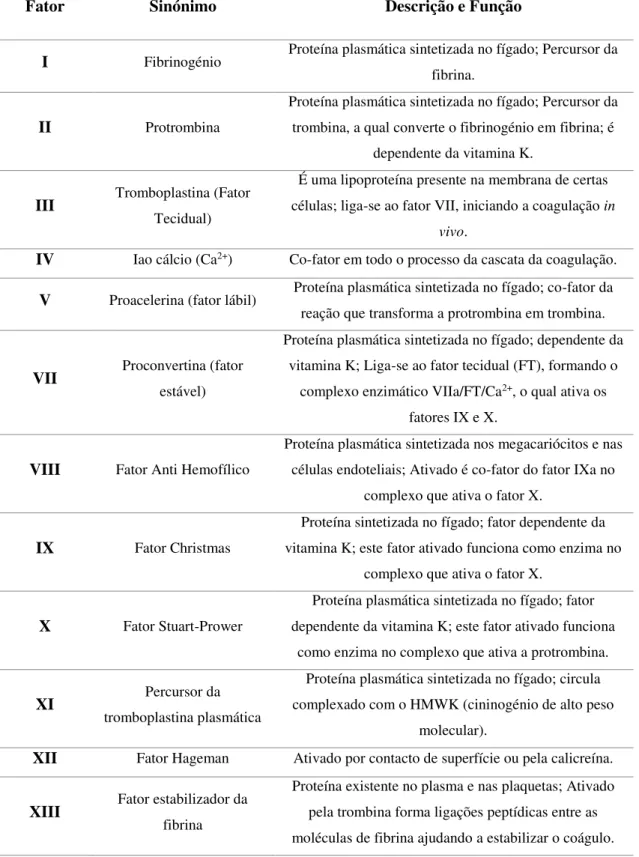 Tabela 1: Classificação dos fatores da  coagulação por ordem de  descoberta (adaptado de  Larini,  2008; 
