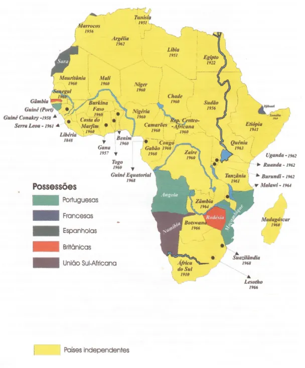 Figura 2 – Carta política de África com os anos de independência dos territórios  até ao final dos anos 60