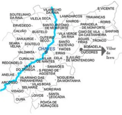 Figura n.º 3 – Mapa da localização geográfica do Concelho de Chaves e freguesias  limítrofes 