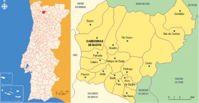 Figura 3.1: Localização do concelho de Cabeceiras de Basto às escalas nacional e regional.