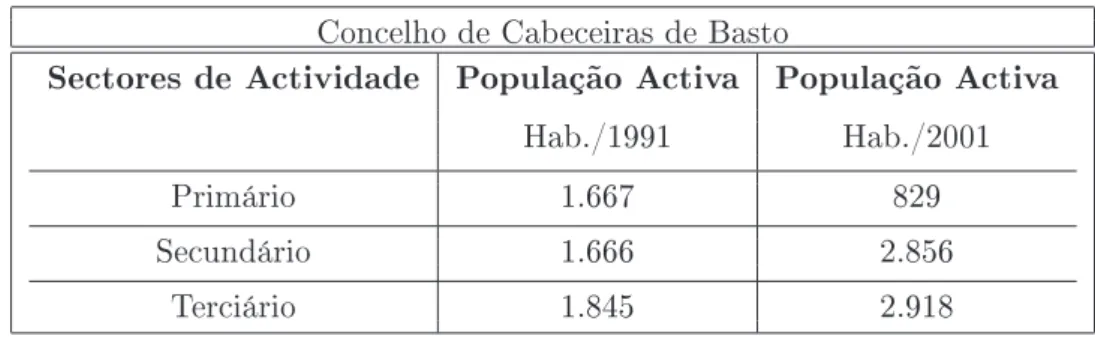 Tabela 3.3: Variação da população activa entre 1991 e 2001.