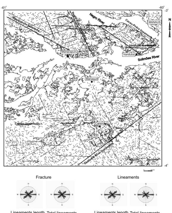 Fig. 8 – Lineament map of the study region from the integration of relief and drainage features obtained from Landsat TM images