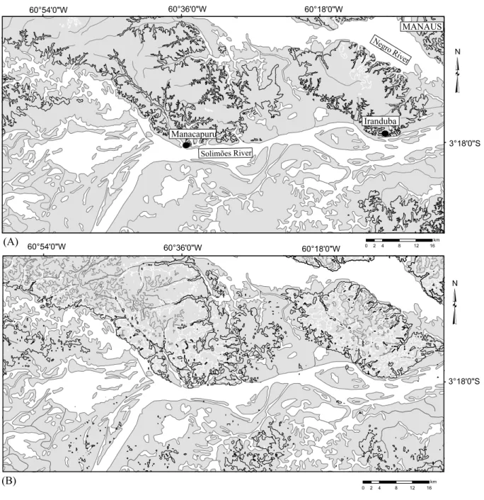 Fig. 2 – Comparison between topographical contour lines obtained from the 1:100.000 topographic charts (A) and those from the SRTM model (B)
