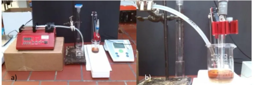 Figure 7: a) Equipment used in the pump method; b) Capillary just above the sample surface