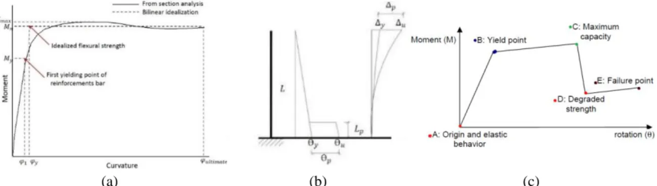 Fig.  4  (a):  Moment-curvature  diagram  of  columns,  (b):  Distribution  of  a  cantilever  column  curvature  and  displacement, (c): Plastic hinges behaviour in the nonlinear numerical model 