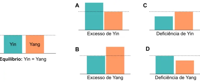 Figura 2.  Equilíbrio e desequilíbrio entre Yin e Yang. Existe um desequilíbrio quando um dos componentes  se encontra dentro dos limites normais e o outro está aumentado (Excesso) ou diminuído (Deficiência).
