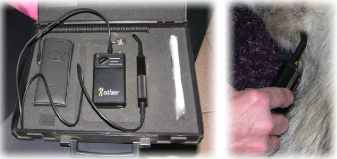 Figura  14.  Dispositivo  portátil  de  emissão  laser  com  três  modos:  regeneração,  analgesia  e  relaxamento  muscular e sua aplicação na articulação do cotovelo para alívio da dor articular.