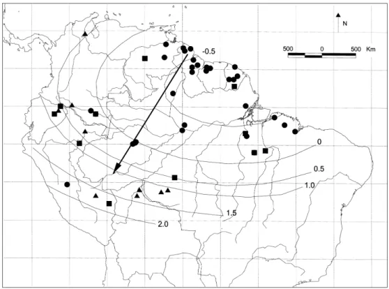 Figure 1. Locations and plot scores of 70 Amazonian terra firme (TF) plots used in a multidimensional scaling ordination based on the abundance of the 16 most dominant tree families