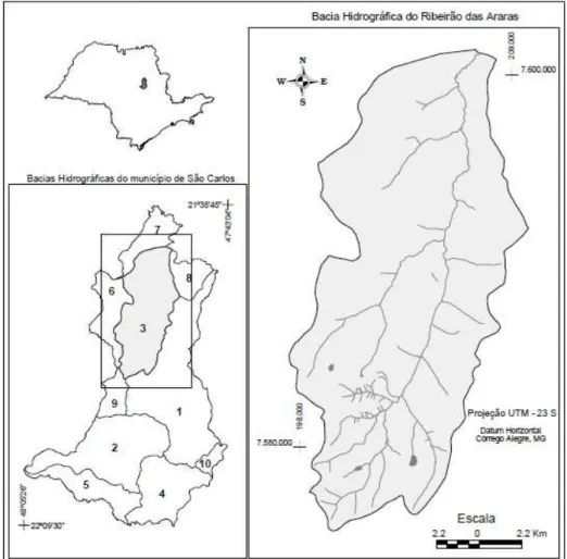 Figura 1- Localização do município de São Carlos (SP) e da área de estudo  representada pela bacia hidrográfica do Ribeirão das Araras (PIRES et al