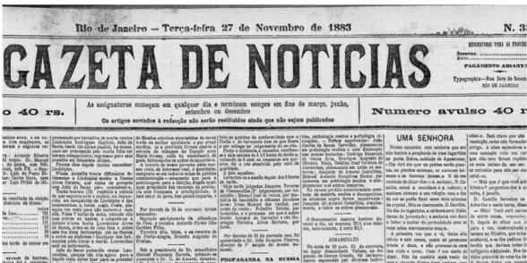 Figura  5:  Imagem da capa da Gazeta  de  Notícias, edição de 27 de novembro de 1883. As duas outras colunas do conto se    encontram na página 2 do jornal .