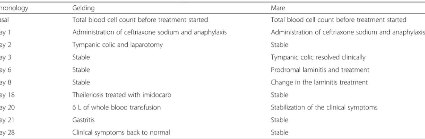 Table 6 Timetable of the events described for the anaphylactic reaction to sodium ceftriaxone of a horse and a mare