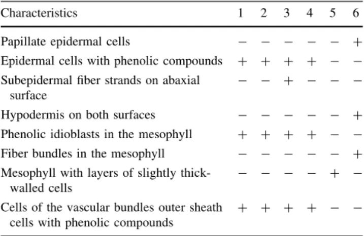 Table 2 Leaf sheath characteristics with diagnostic value for the studied species